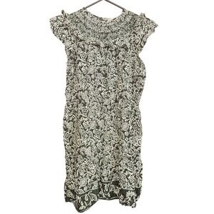 Loft Black White Floral Mini Dress S w/green accents Smocked Ruffle Resort Beach